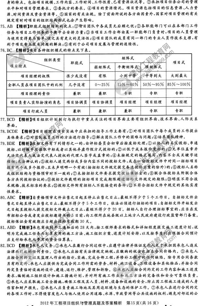 2012年咨詢工程師考試工程項目組織與管理試題及答案