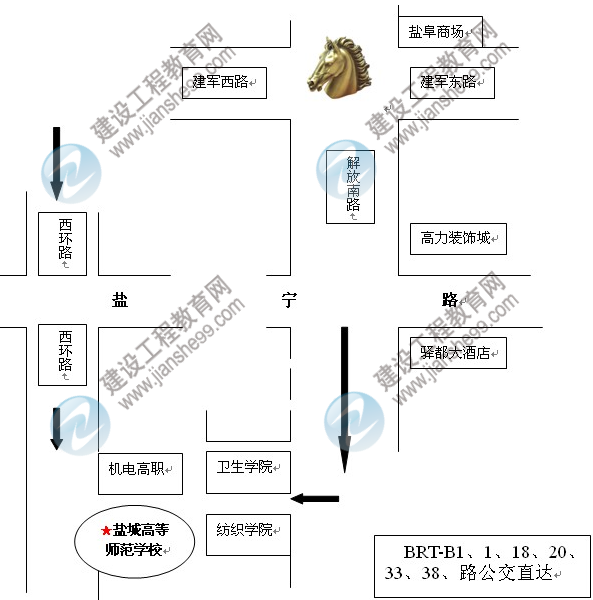 2014鹽城二級(jí)建造師報(bào)名市直審核點(diǎn)（鹽城高等師范學(xué)校）線路圖 