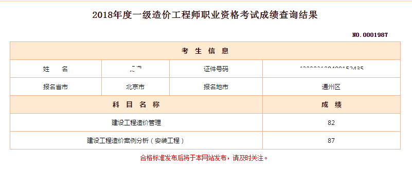 2018年一級造價工程師考試成績