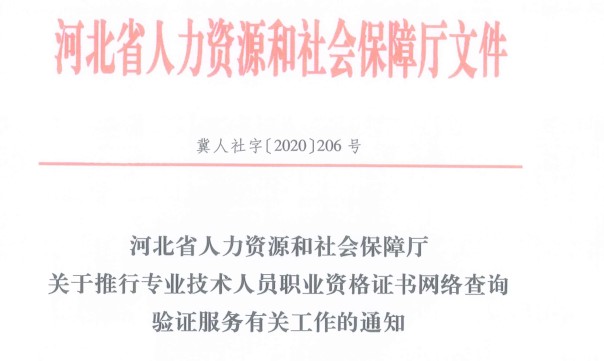 河北省人力資源和社會保障廳關(guān)于推行專業(yè)技術(shù)人員職業(yè)資格證書網(wǎng)絡(luò)查詢驗證服務(wù)有關(guān)工作的通知