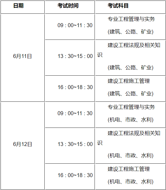 二級建造師考試安排