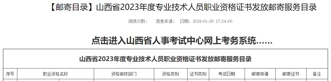 山西省2023年度專業(yè)技術(shù)人員職業(yè)資格證書(shū)發(fā)放郵寄服務(wù)目錄