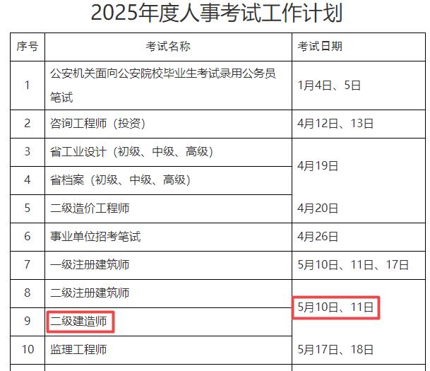 2025年浙江二級(jí)建造師考試時(shí)間5月10日、11日